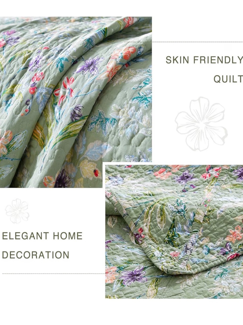 Floral Quilted Bedspread Set in Sage Green by QSH - Picture 3 of 6
